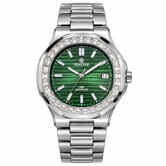 SeaStar Silver Green Dial White Stones Original Watch
