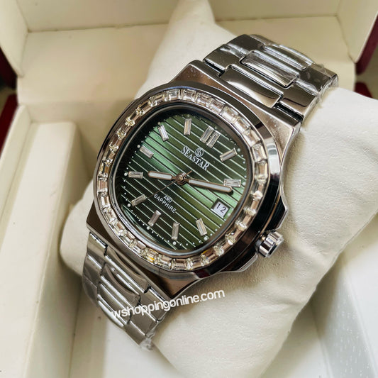 SeaStar Silver Green Dial White Stones Original Watch