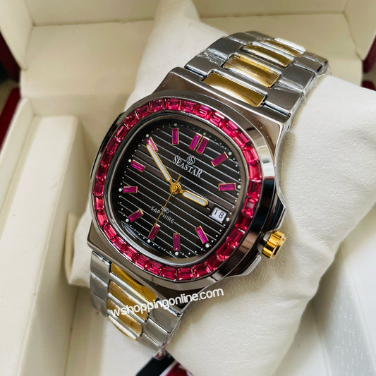 SeaStar Twotone Black Dial Pink Stones Original Watch