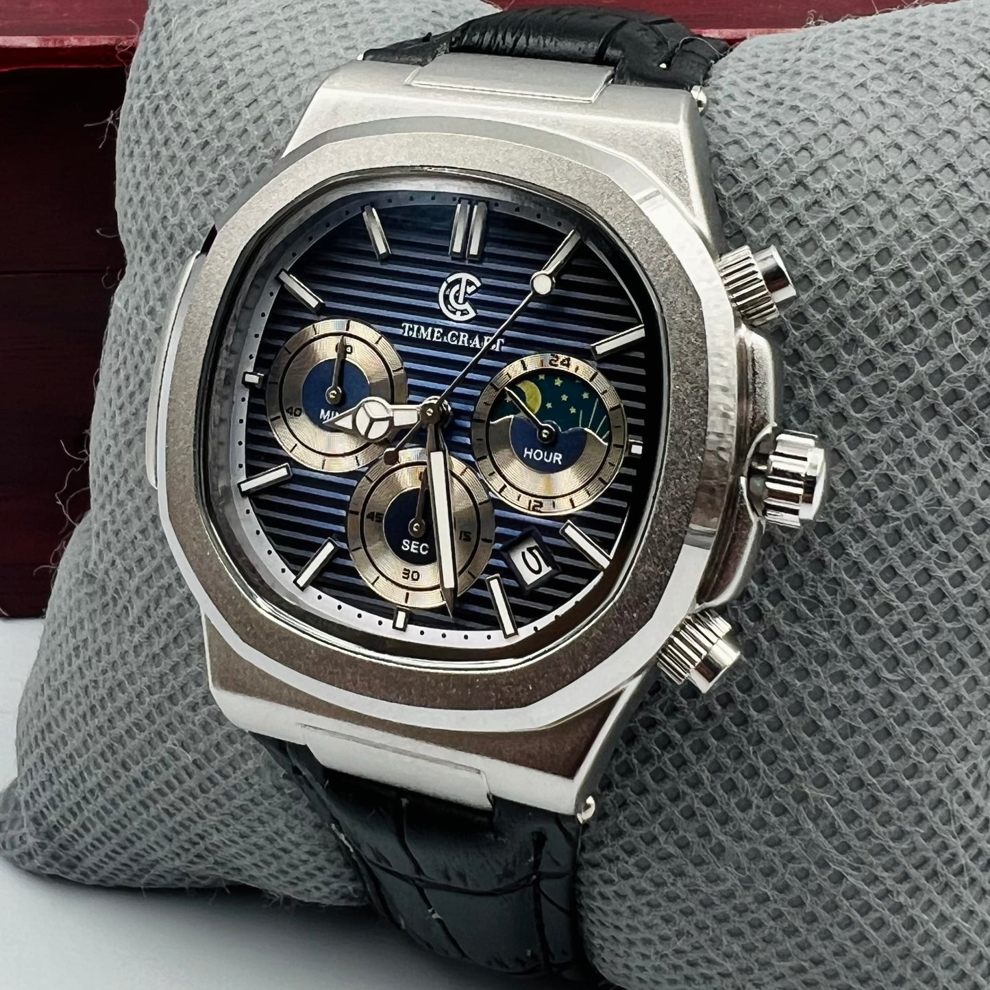 TimeCraft Leather Silver Blue Watch