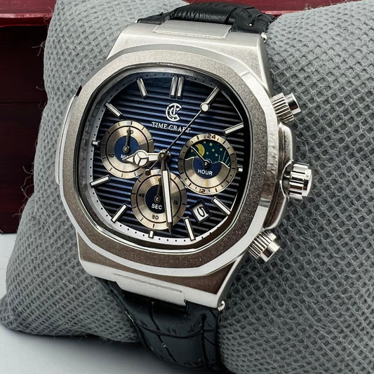 TimeCraft Leather Silver Blue Watch
