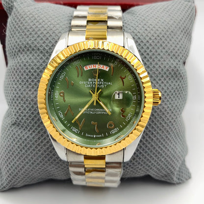 Rolx Twotone Green Arabic Full DayDate Watch