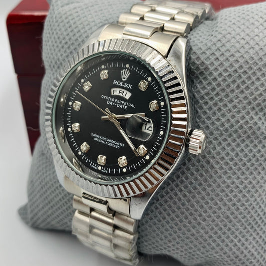 Rolx Silver Black DayDate Watch