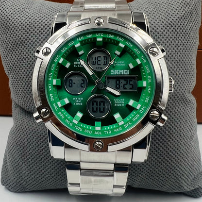 Skmei 2 Time Green Full Silver Watch