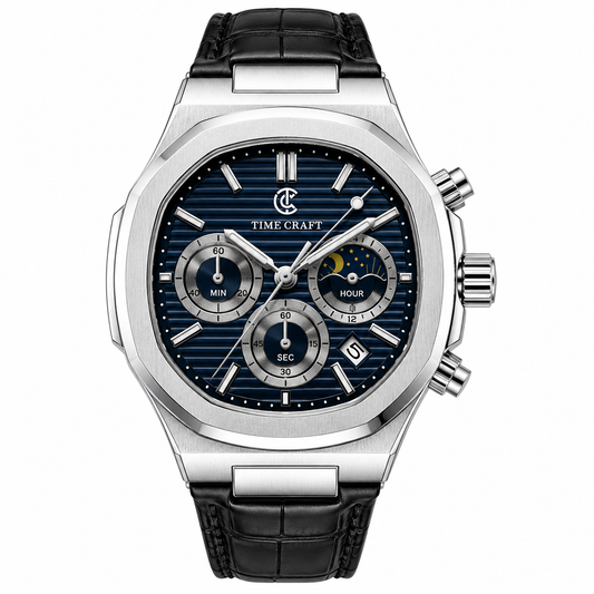 TimeCraft Leather Silver Blue Watch
