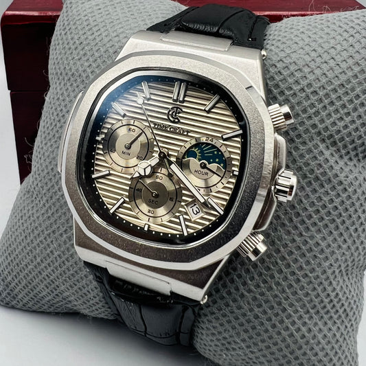 TimeCraft Leather Silver Grey Watch