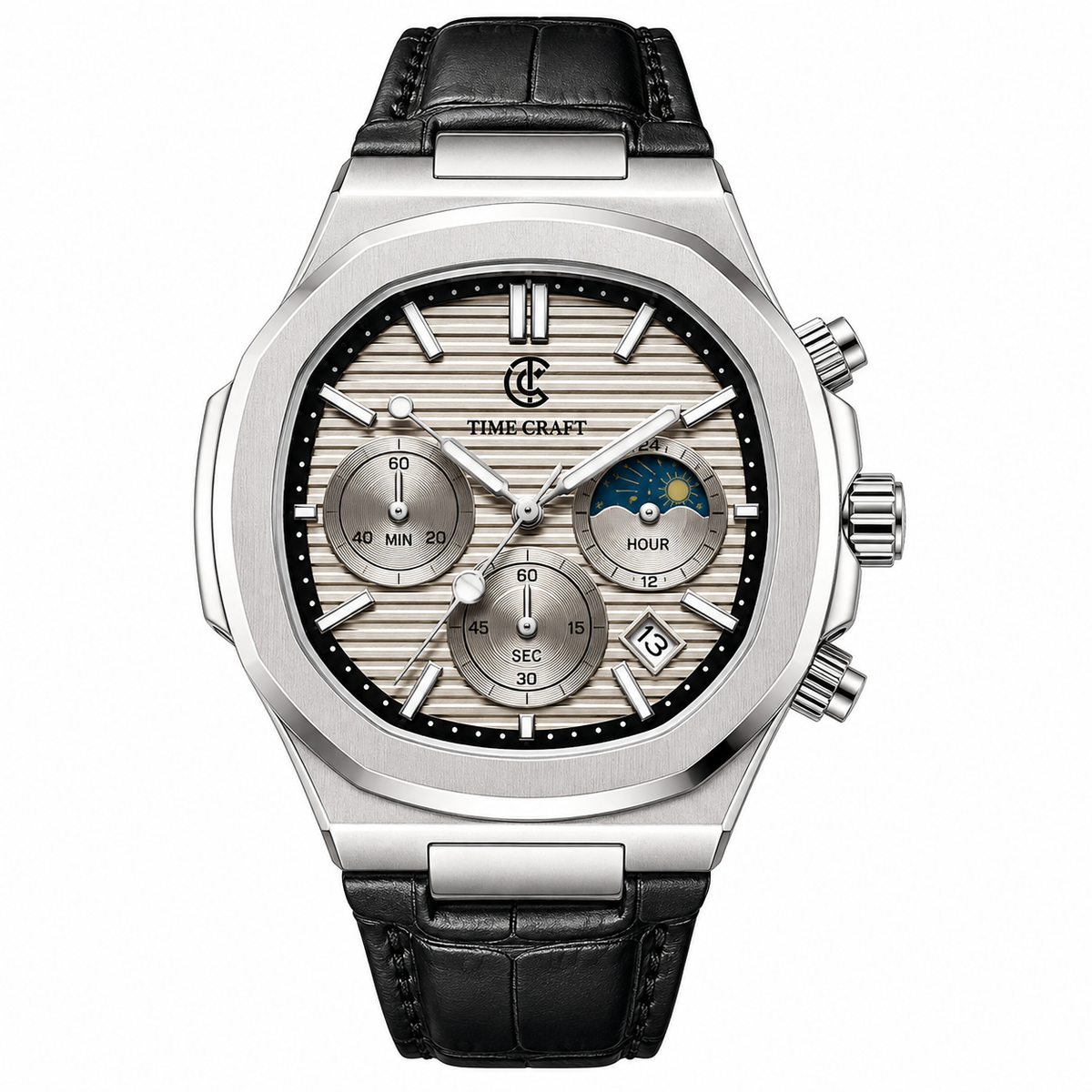 TimeCraft Leather Silver Grey Watch