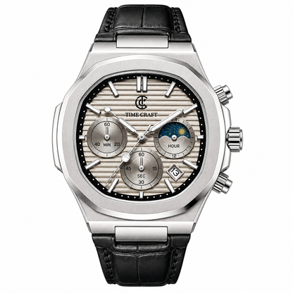 TimeCraft Leather Silver Grey Watch