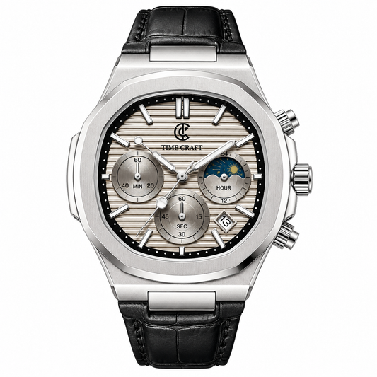 TimeCraft Leather Silver Grey Watch