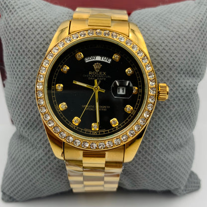 Rolx Diamond Golden Black Full DayDate Watch