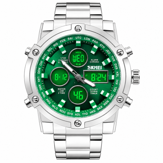 Skmei 2 Time Green Full Silver Watch