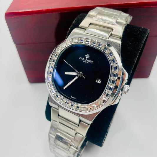 Patek Silver Black Stones Watch