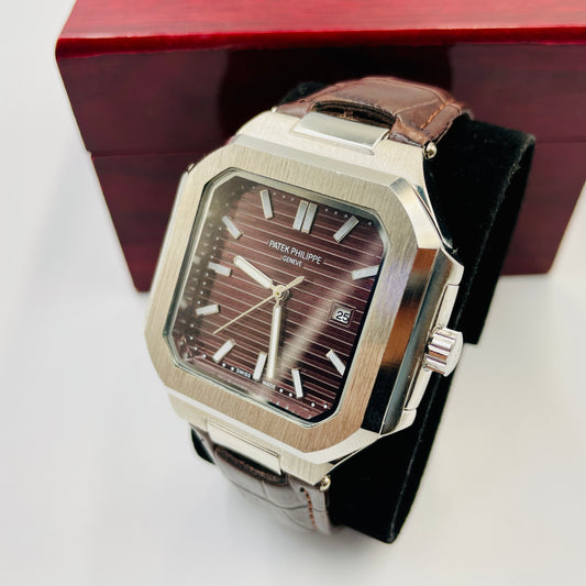 Patek Silver Brown Leather Strap Watch