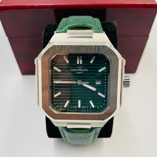 Patek Silver Green Leather Strap Watch