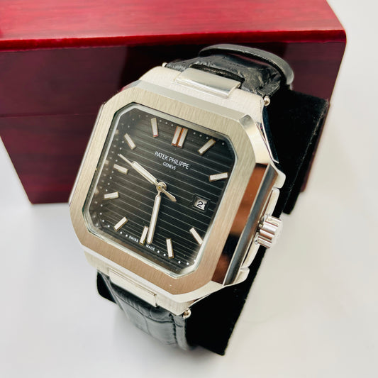 Patek Silver Black Leather Strap Watch