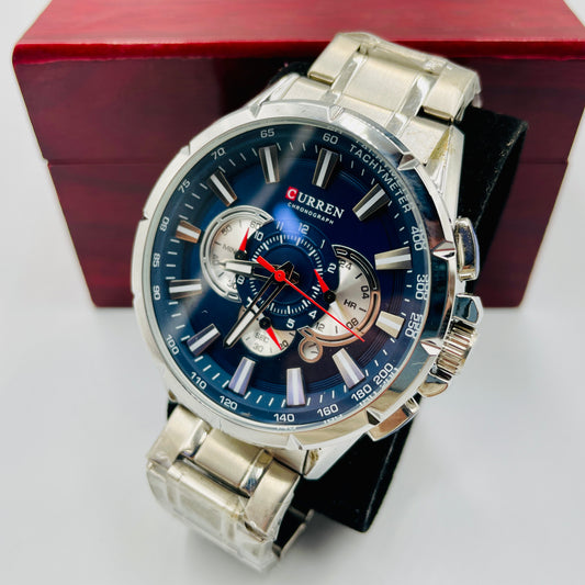 Big Curren Silver Blue Chronograph working Original Watch
