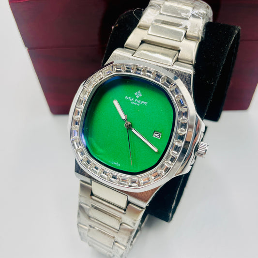 Patek Silver Green Stones Watch