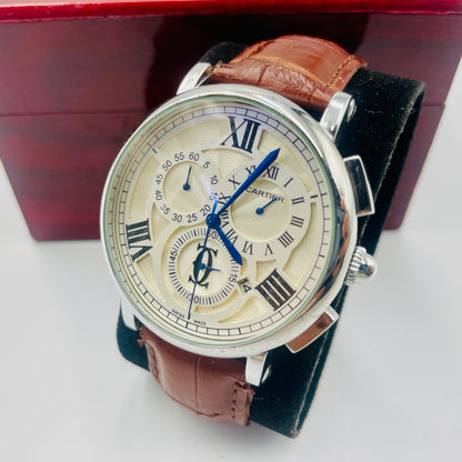 Brown Silver Logo Chronograph Working leather strap Watch