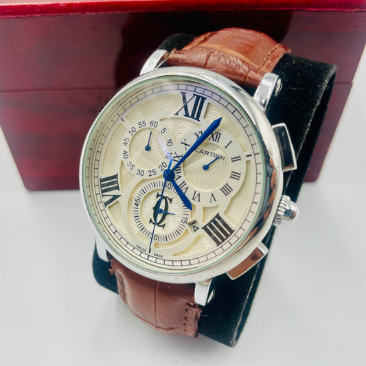 Brown Silver Logo Chronograph Working leather strap Watch