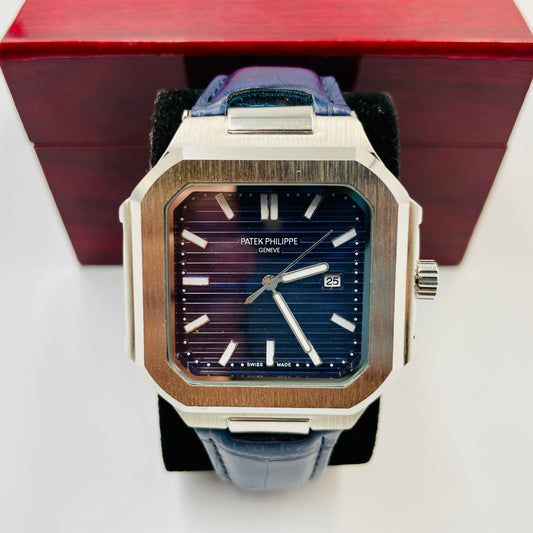 Patek Silver Blue Leather Strap Watch
