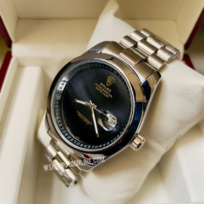 Silver Black Plain Dial Datejust Watch