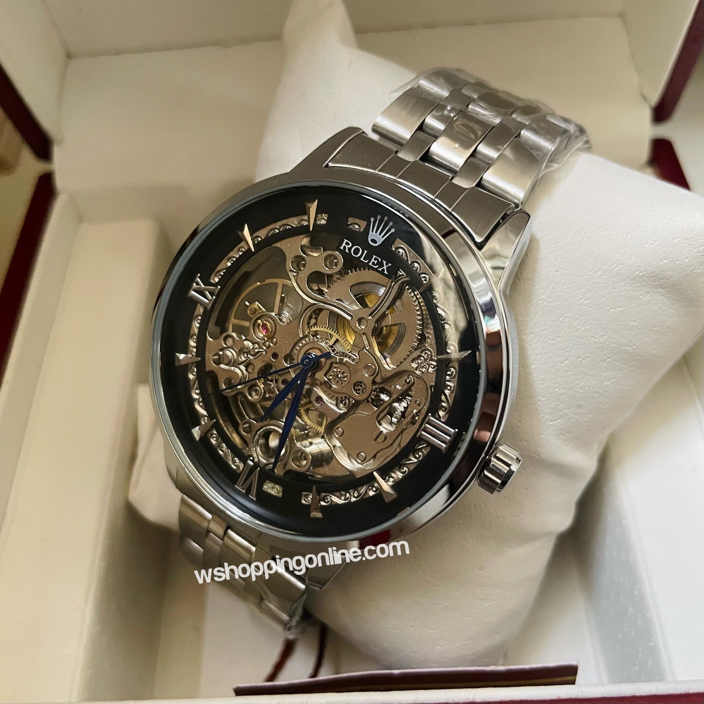 Silver Black Skeleton Automatic Watch