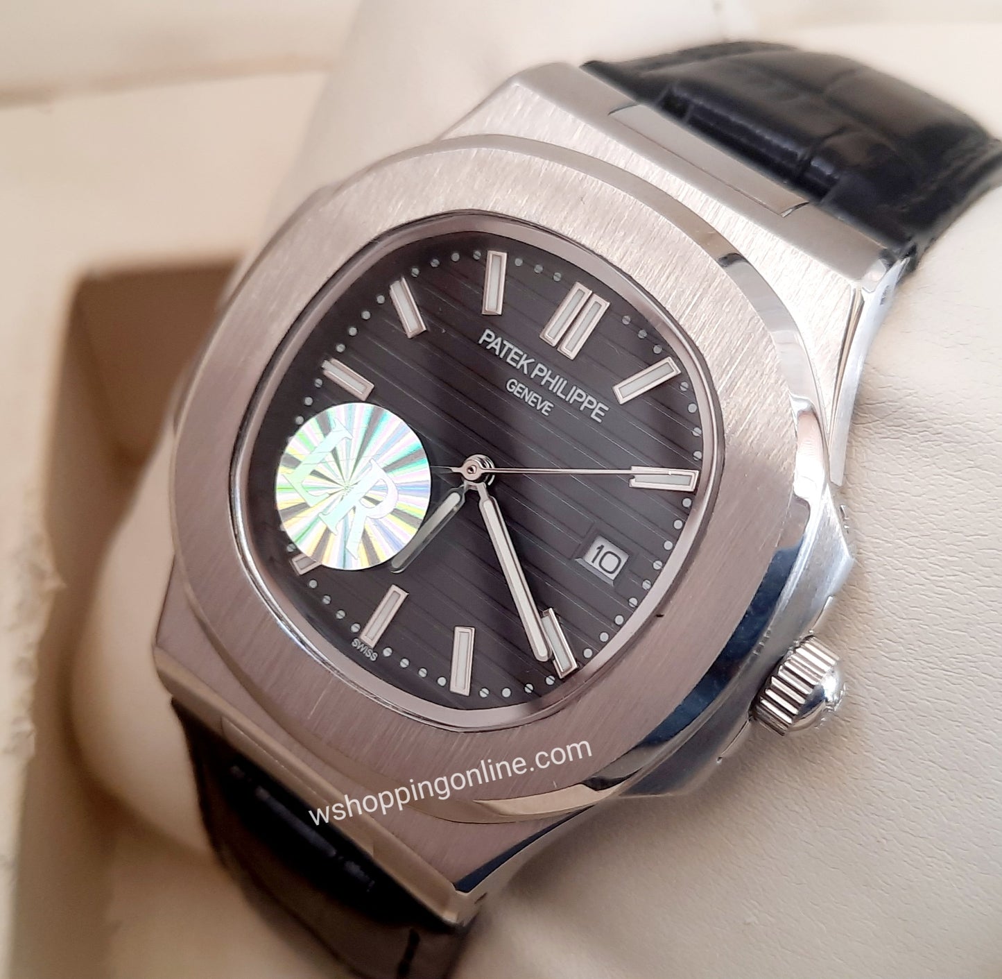 Master Patek Silver Black Leather Watch