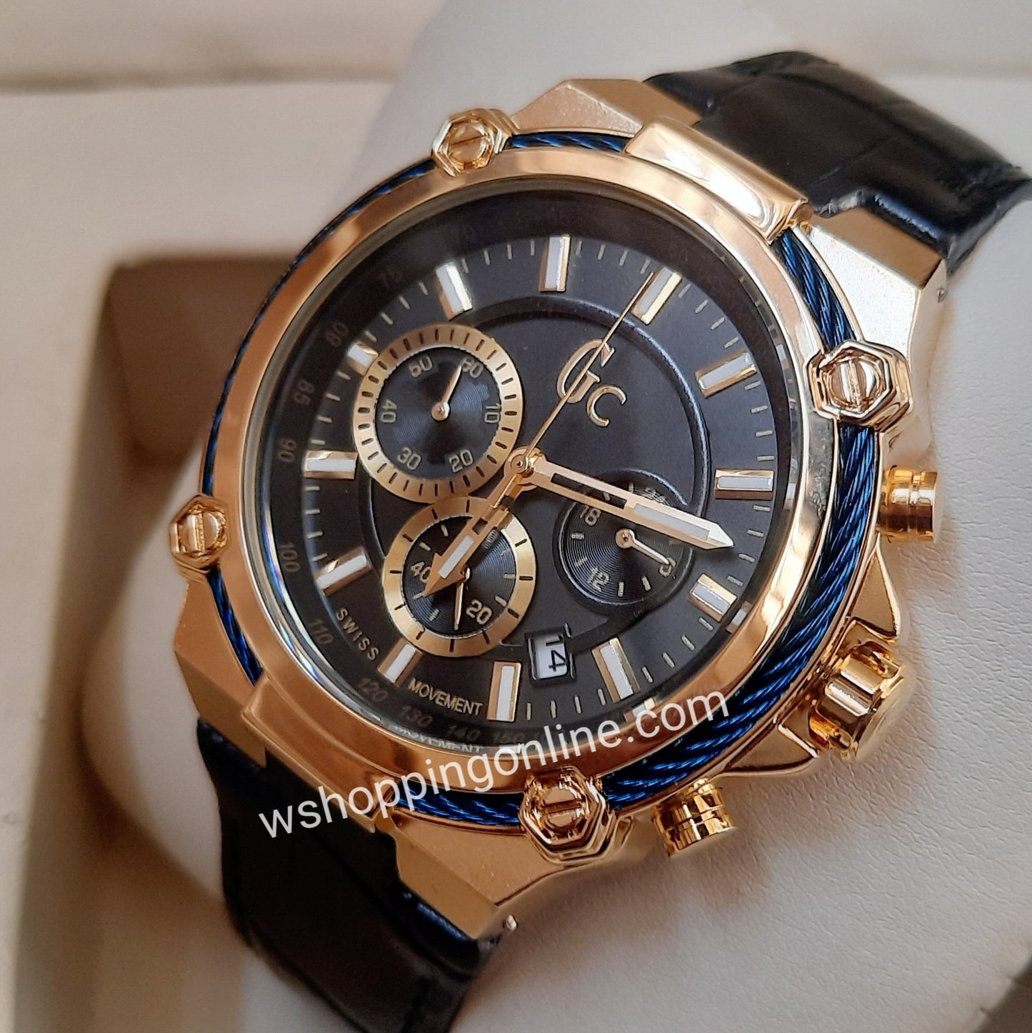 Black Blue Golden Chronograph Working Strap Watch