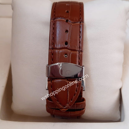 Brown Silver Chronograph Working Strap Watch