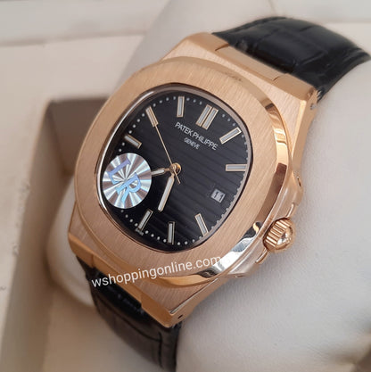 Master Patek Golden Black Leather Watch