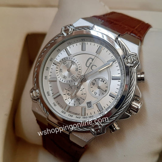 Brown Silver Chronograph Working Strap Watch