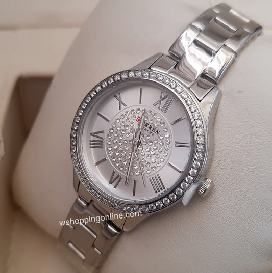 Curren Full Silver Diamond Chain Watch