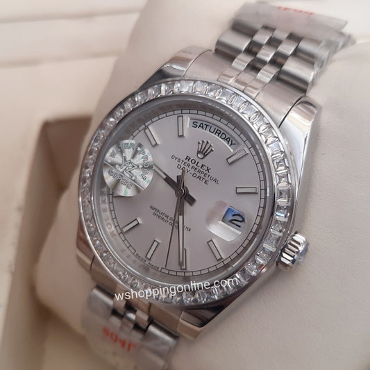 Master Full Silver Day-Date Stones Automatic Watch