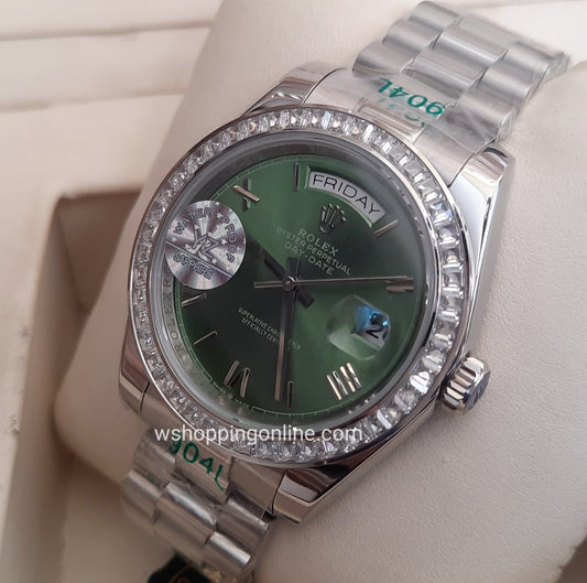 Master Silver Green Day-Date Stones Automatic Watch