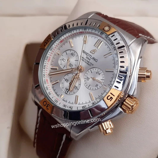 Brown Silver Strap Chronograph Working Watch